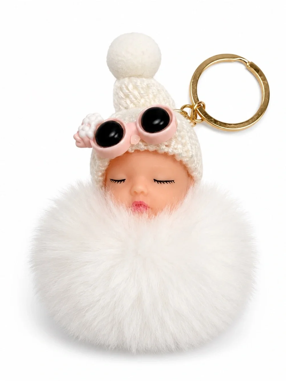 Sleeping Baby Faux Fur Pom Pom Keychain Purse Charm | 9 Colors